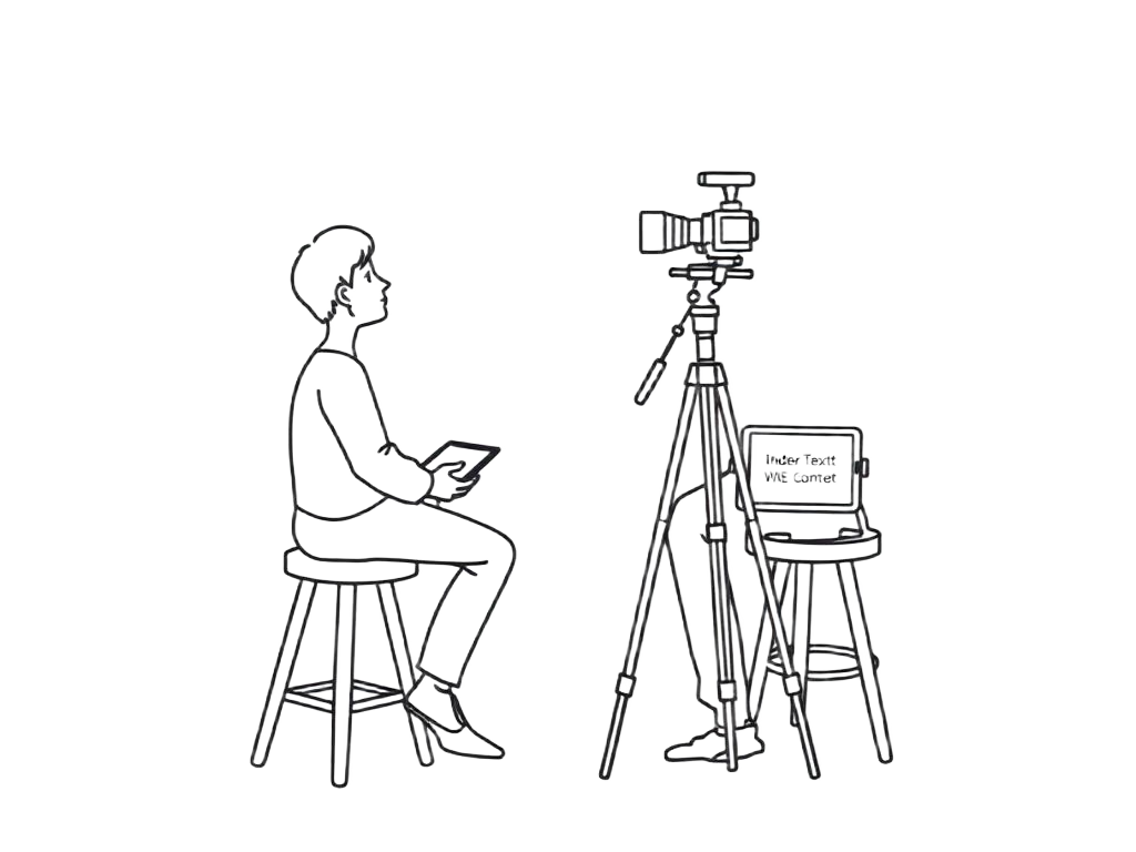 A person seated in front of a camera on a tripod, reading StoryPrompter questions from a tablet