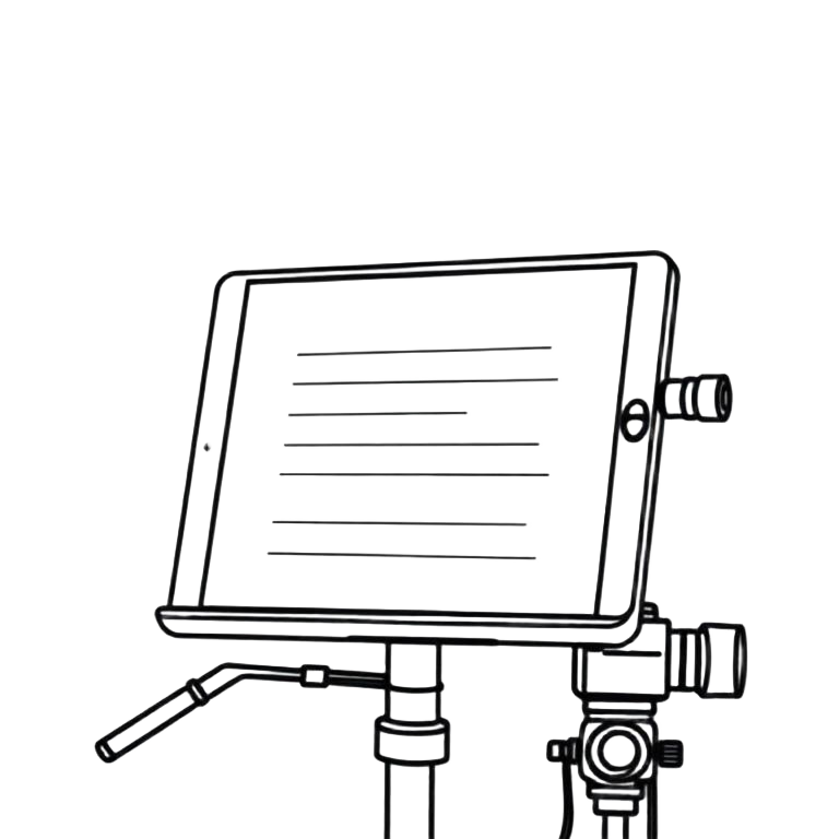 A tablet on a stand showing large teleprompter lines beside a camera lens